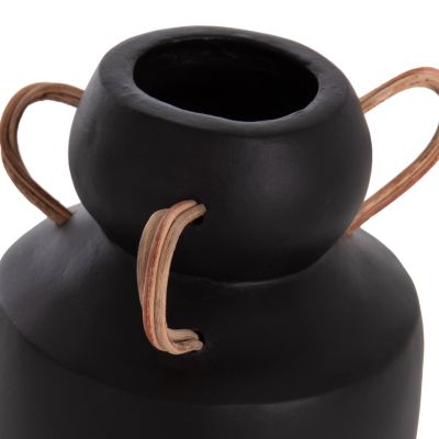 DECORATIVE VASE MIBO HM4688.01M TERRACOTTA IN BLACK--HANDLES NATURAL RATTAN Φ16.5x26Hcm.
