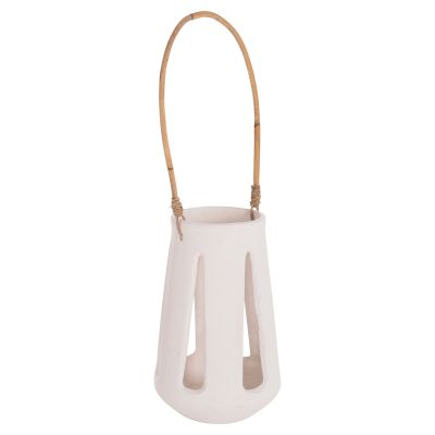 DECORATIVE TABLE LANTERN ERANTYL HM4696.02L WHITE FIBER CEMENT & RATTAN HANDLE Φ17x27Hcm