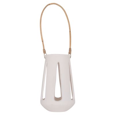 DECORATIVE TABLE LANTERN ERANTYL HM4696.02L WHITE FIBER CEMENT & RATTAN HANDLE Φ17x27Hcm