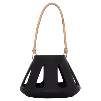 DECORATIVE TABLE LANTERN ERANTYL HM4696.01S BLACK FIBER CEMENT & RATTAN HANDLE Φ25x17Hcm