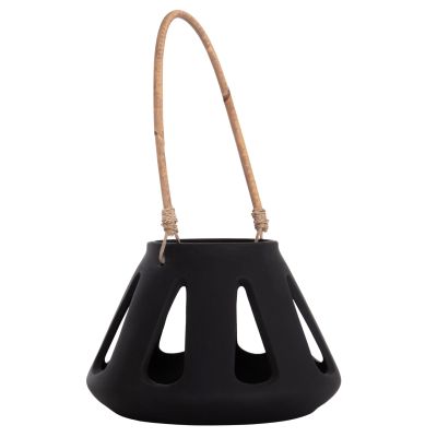 DECORATIVE TABLE LANTERN ERANTYL HM4696.01S BLACK FIBER CEMENT & RATTAN HANDLE Φ25x17Hcm