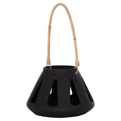 DECORATIVE TABLE LANTERN ERANTYL HM4696.01S BLACK FIBER CEMENT & RATTAN HANDLE Φ25x17Hcm