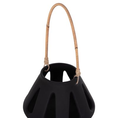 DECORATIVE TABLE LANTERN ERANTYL HM4696.01S BLACK FIBER CEMENT & RATTAN HANDLE Φ25x17Hcm