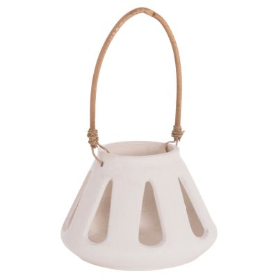 DECORATIVE TABLE LANTERN ERANTYL HM4696.02S WHITE FIBER CEMENT & RATTAN HANDLE Φ25x17Hcm