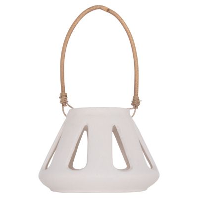 DECORATIVE TABLE LANTERN ERANTYL HM4696.02S WHITE FIBER CEMENT & RATTAN HANDLE Φ25x17Hcm