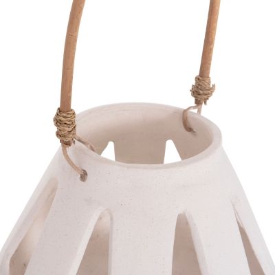 DECORATIVE TABLE LANTERN ERANTYL HM4696.02S WHITE FIBER CEMENT & RATTAN HANDLE Φ25x17Hcm