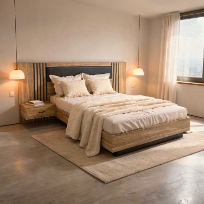 DOUBLE BED WITH NIGHTSTANDS HARRY HM750.01 MELAMINE IN NATURAL/BLACK--MATTRESS 160x200cm