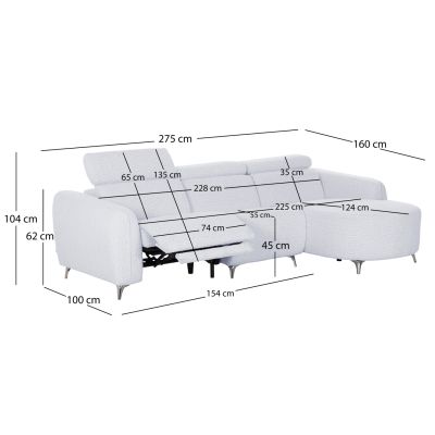 RIGHT CORNER 3-SEAT SOFA WITH RECLINE VALENTE SM3317.01R LIGHT GREY FABRIC 275x160x104H