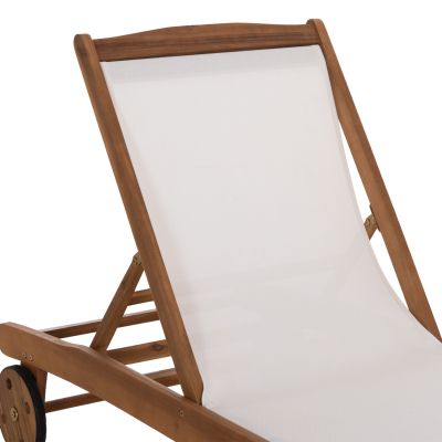 SUNLOUNGER WITH WHEELS LIORA HM6544 ACACIA WOOD--TEXTILENE IN ECRU 196.5x62.5x90Hcm.