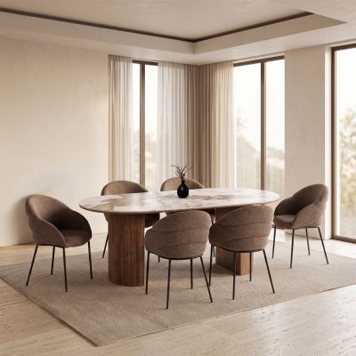 DINING SET 7PCS DRENNY HM11395.03 CERAMIC TOP IN PANDORA COLOR SCHEME--CHAIRS WITH TAUPE COLOR FABRIC