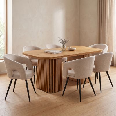 DINING SET 7PCS EXTENDABLE CORNEL HM12107.02 MDF--FABRIC IN BEIGE