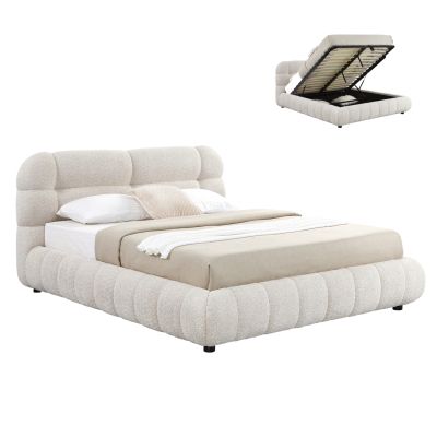 DOUBLE BED WITH STORAGE SPACE MOLEN HM730.03 BEIGE BOUCLE FABRIC--MATTRESS 160x200cm.