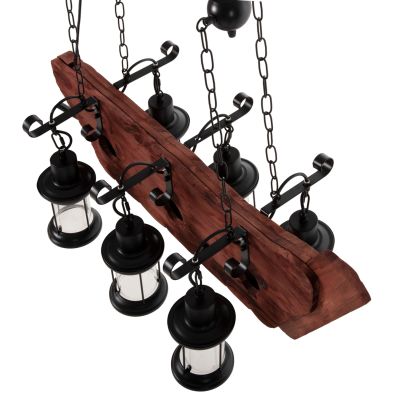CEILING PENDANT 6-LIGHT FIXTURE HM4117 WOOD-METAL-GLASS 116Hcm.