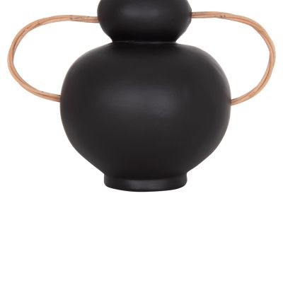 DECORATIVE VASE MIBO HM4688.01S TERRACOTTA IN BLACK--HANDLES NATURAL RATTAN 27x15x20Hcm