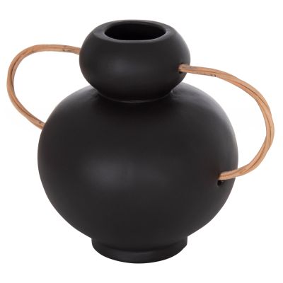 DECORATIVE VASE MIBO HM4688.01S TERRACOTTA IN BLACK--HANDLES NATURAL RATTAN 27x15x20Hcm
