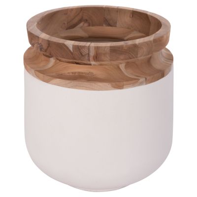 DECORATIVE FLOOR VASE LINTER HM4662.02L FIBER CEMENT IN WHITE--TEAK WOOD Φ41x47Hcm.