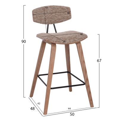 BAR STOOL MED.HEIGHT INOVER HM9984.01 PLYWOOD IN WHITEWASH--BROWN FABRIC 50x48x90Hcm.