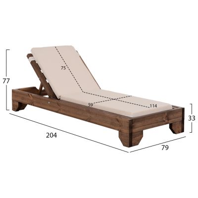 BEACH LOUNGER KORINOS - PINE WOOD IN WALNUT--CUSHION IN BEIGE 79x204x77Hcm.