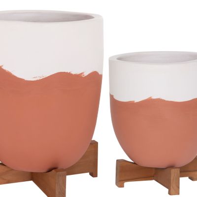 PLANTERS (POTS) 2PCS SET SEON HM4686.08 TERRACOTTA IN WHITE & TERRACOTTA--TEAK STANDS