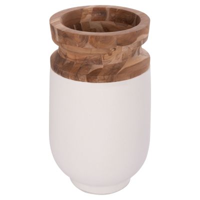 DECORATIVE FLOOR VASE LINTER HM4662.02S FIBER CEMENT IN WHITE--TEAK WOOD Φ34x60Hcm.