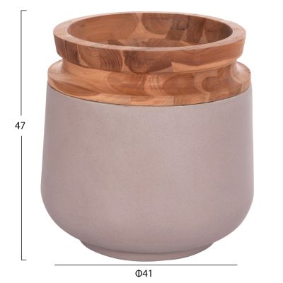 DECORATIVE FLOOR VASE LINTER HM4662.05L FIBER CEMENT IN MATTE GREY--TEAK WOOD Φ41x47Hcm.