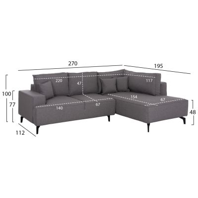 CORNER SOFA-BED WITH STORAGE SPACE SAFFIRA HM3303.01R GREY FABRIC 270x195x100Hcm.
