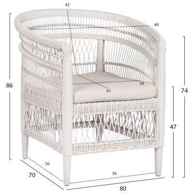 КРЕСЛО MALAWI - МАХАГОНОВО ДЪРВО С РАТАНОВО БЯЛО-БЯЛА ВЪЗГЛАВНИЦА 80x70x86Hcm.