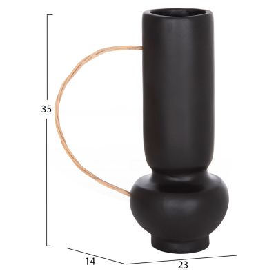 DECORATIVE VASE MIBO HM4688.01L TERRACOTTA IN BLACK--HANDLE NATURAL RATTAN 23x14x35Hcm