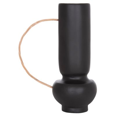DECORATIVE VASE MIBO HM4688.01L TERRACOTTA IN BLACK--HANDLE NATURAL RATTAN 23x14x35Hcm