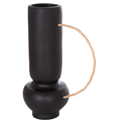 DECORATIVE VASE MIBO HM4688.01L TERRACOTTA IN BLACK--HANDLE NATURAL RATTAN 23x14x35Hcm