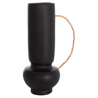 DECORATIVE VASE MIBO HM4688.01L TERRACOTTA IN BLACK--HANDLE NATURAL RATTAN 23x14x35Hcm