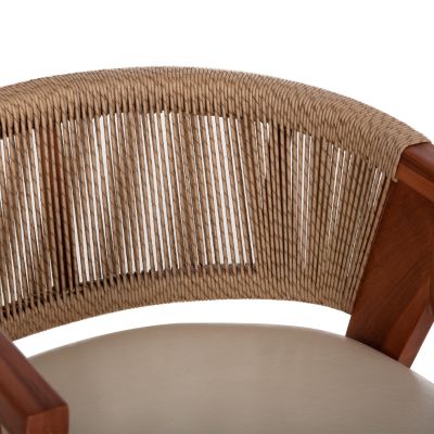 Трапезен стол BRANN – тиково дърво, въже, еко кожа (PU) в цвят екрю, 60x62x76 см.