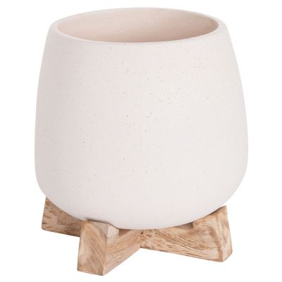 INDOOR POT FRELLO HM4674.02S FIBER CEMENT IN WHITE--TEAK STAND 14.5x14.5x16Hcm.