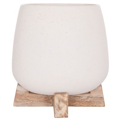 INDOOR POT FRELLO HM4674.02S FIBER CEMENT IN WHITE--TEAK STAND 14.5x14.5x16Hcm.