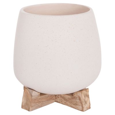 INDOOR POT FRELLO HM4674.02S FIBER CEMENT IN WHITE--TEAK STAND 14.5x14.5x16Hcm.