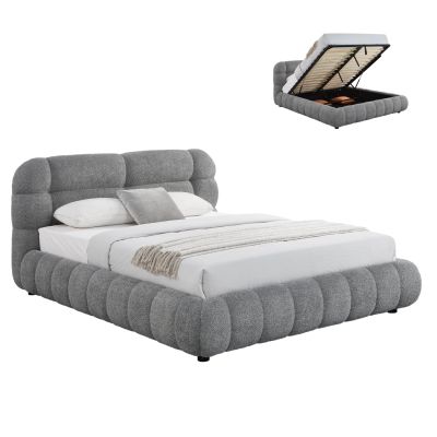 DOUBLE BED WITH STORAGE SPACE MOLEN HM730.01 GREY BOUCLE FABRIC--MATTRESS 160x200cm.