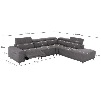 Ъглов диван с десен ъгъл LUNARIS 307×267×74–94 см – Сив