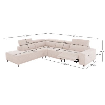 Ляв ъглов диван с релакс функция LUNARIS 307×267×74–94 см – Екрю