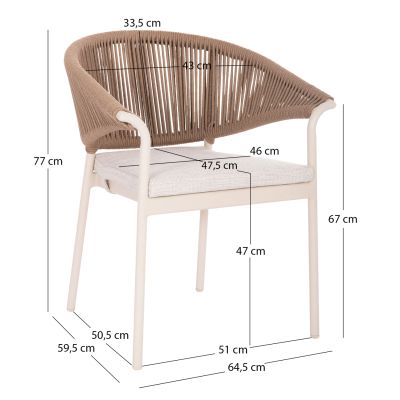 ALUMINUM DINING CHAIR STELLAR SM6320 IVORY FRAME & CUSHION-NATURAL ROPE 64,5x60x78,5Hcm