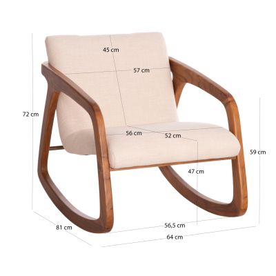 ROCKING CHAIR ROCKER SM9965 TEAK WOOD IN NATURAL-BEIGE FABRIC 61x87x73Hcm.