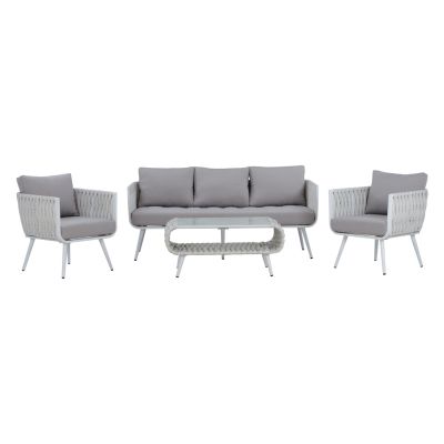 OUTDOOR LOUNGE SET 4PCS VARNAMO HM5282.12 ALUMINUM IN WHITE-STRAP ROPE IN GREY-TEMPERED GLASS