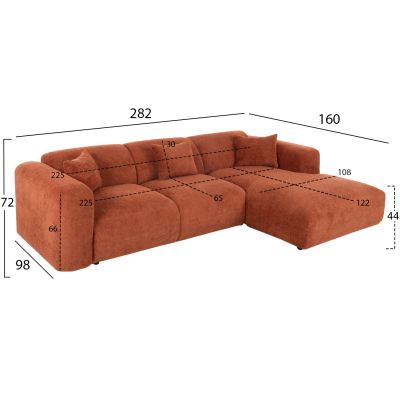 ЪГЛОВ ДИВАН ТУХЛА HM3275.03R ТУХЛА ЧЕРВЕН ДАМАС 110-282x98-160x72Hсм.
