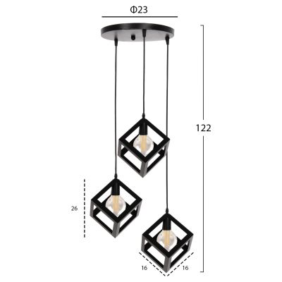 CEILING PENDANT LAMP HM4036 3 CUBES BLACK METAL Φ23x122Hcm.