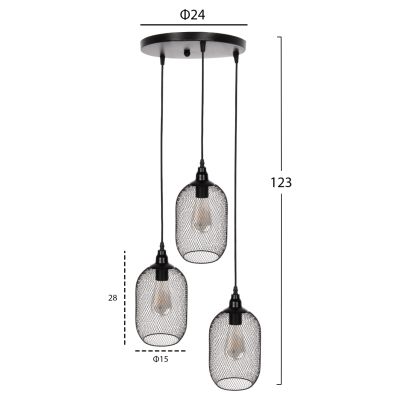 CEILING PENDANT LAMP HM4104 3-LIGHT BLACK METAL MESH CAPS Φ24x123Hcm.