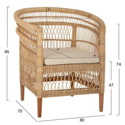 ARMCHAIR MALAWI HM9635.04 MAHOGANY WOOD-RATTAN-WHITE CUSHION 80x70x86Hcm.