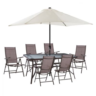 DINING SET 8PCS TABLE WITH BEIGE UMBRELLA & FOLDABLE BROWN ARMCHAIRS HM11491