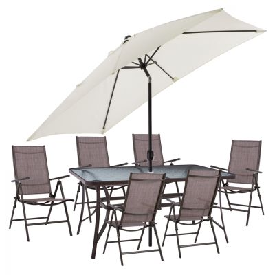 DINING SET 8PCS TABLE WITH BEIGE UMBRELLA & FOLDABLE BROWN ARMCHAIRS HM11491