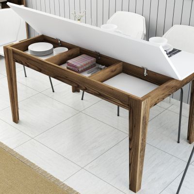 DINING TABLE STANDARD HM9507.02 MELAMINE WALNUT-WHITE WITH STORAGE SPACE 145x88x75Hcm.