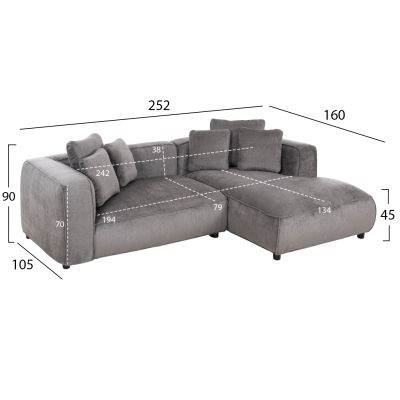 ЪГЛОВ ДИВАН 3 МЕСТА GRACE -  СИВ ДАМАС 252x105-160x70-90Hcm.