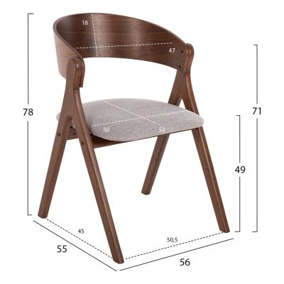 DINING CHAIR NEKKER HM9739.02 RUBBERWOOD IN WALNUT COLOR-GREY FABRIC SEAT 56x55x78Hcm.